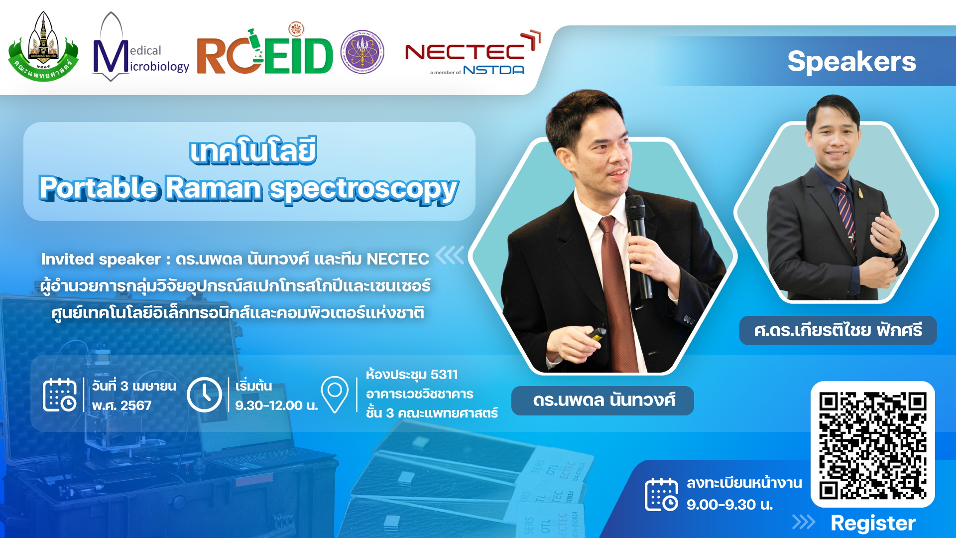 การใช้งานเครื่องมือ “Portable Raman spectroscopy” โดย ดร.นพดล นันทวงศ์ และทีม NECTEC 
ผู้อำนวยการกลุ่มวิจัยอุปกรณ์สเปกโทรสโกปีและเซนเซอร์ ศูนย์เทคโนโลยีอิเล็กทรอนิกส์และคอมพิวเตอร์แห่งชาติ